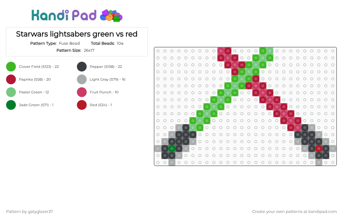 Starwars lightsabers green vs red - Fuse Bead Pattern by gatyglazer37 on Kandi Pad - red,green,gray