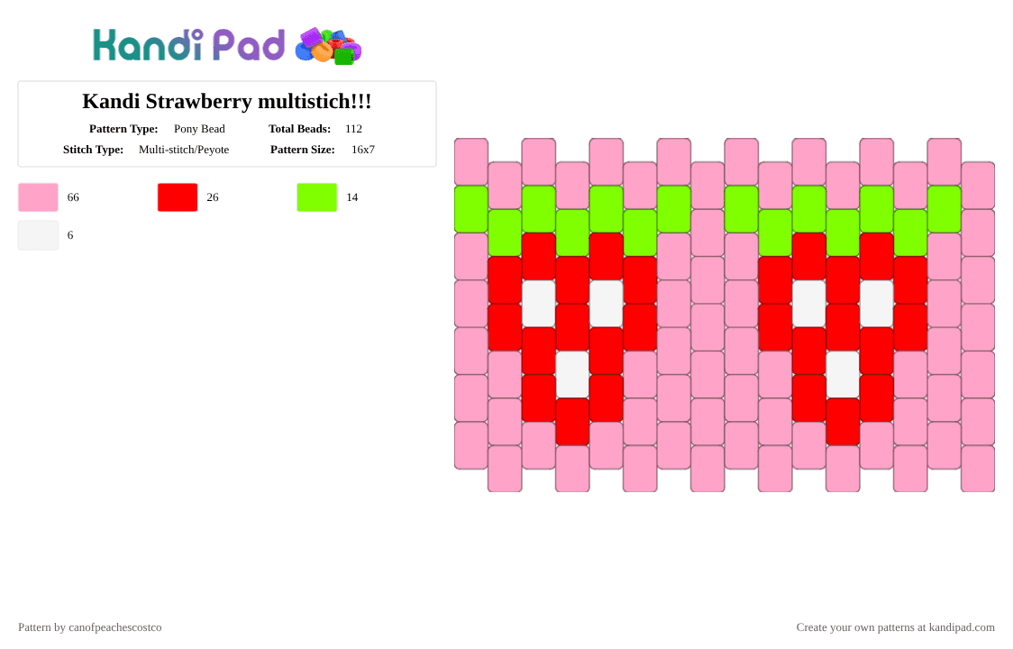 Kandi Strawberry multistich!!! - Pony Bead Pattern by canofpeachescostco on Kandi Pad - bag, cute, fruit, kandi, multistich, pink, red, strawberry