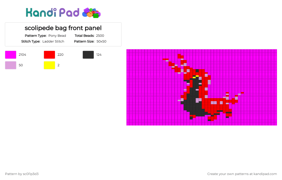 scolipede bag front panel - Pony Bead Pattern by l1tmvs_c00k13 on Kandi Pad - pink,red,purple,lilac,grey,yellow,bag,pokemon,scolipede