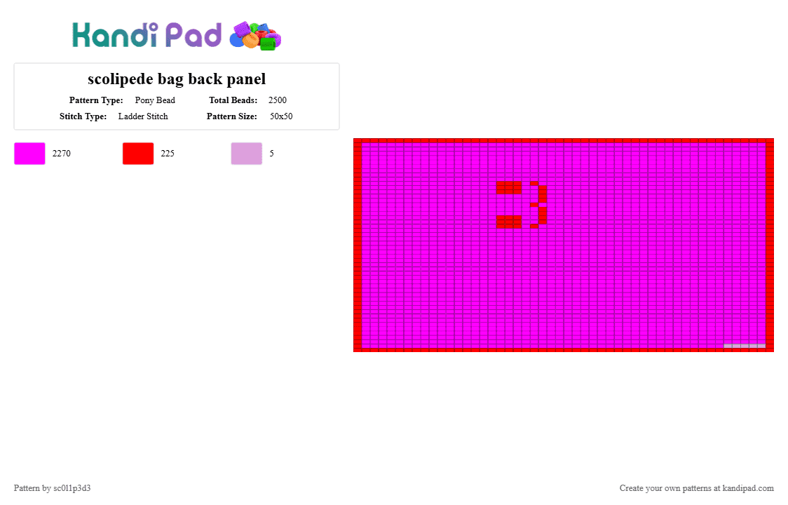 scolipede bag back panel - Pony Bead Pattern by l1tmvs_c00k13 on Kandi Pad - pink,bag,scolipede,pokemon,red,purple,lilac