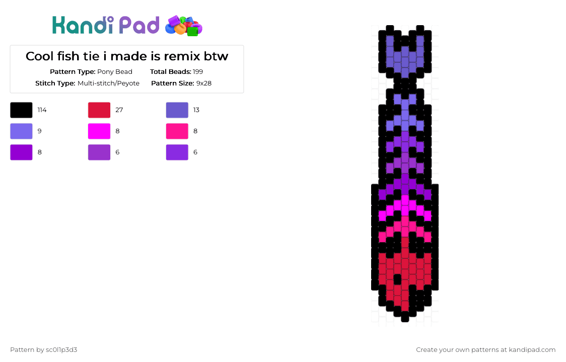 Cool fish tie i made is remix btw - Pony Bead Pattern by l1tmvs_c00k13 on Kandi Pad - black,red,purple,blue,fish,pink