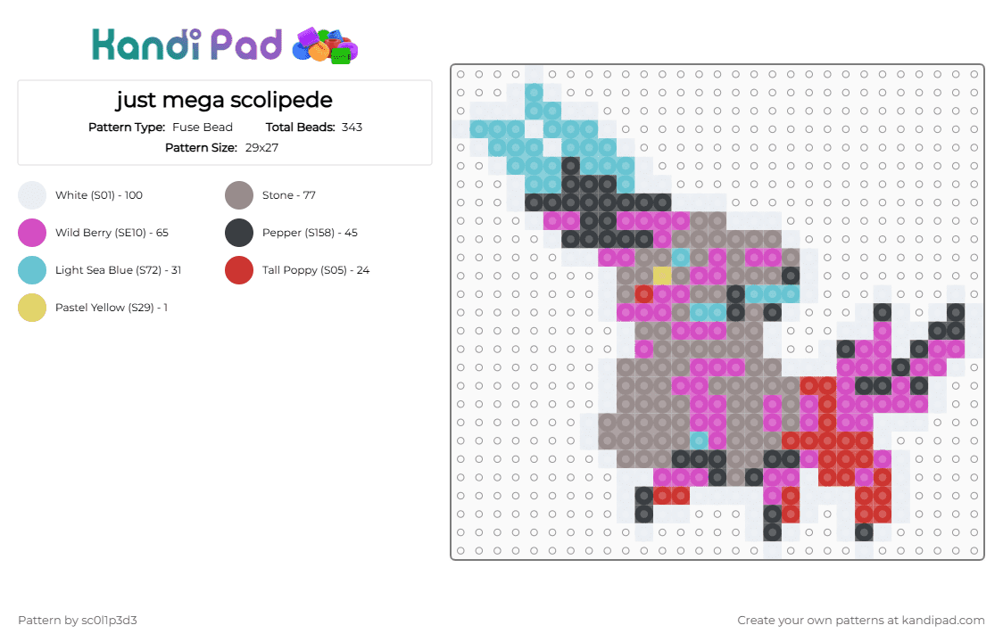 just mega scolipede - Fuse Bead Pattern by l1tmvs_c00k13 on Kandi Pad - gray,pink,mega evolution,pokemon,white border,grey,white,red,mega scolipede,scolipede