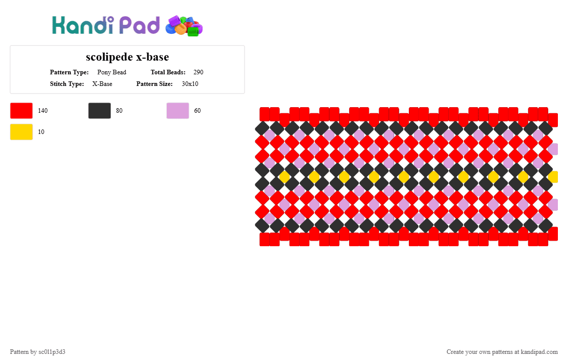 scolipede x-base - Pony Bead Pattern by l1tmvs_c00k13 on Kandi Pad - red,grey,gray,purple,yellow,pokemon,scolipede,generation five 5