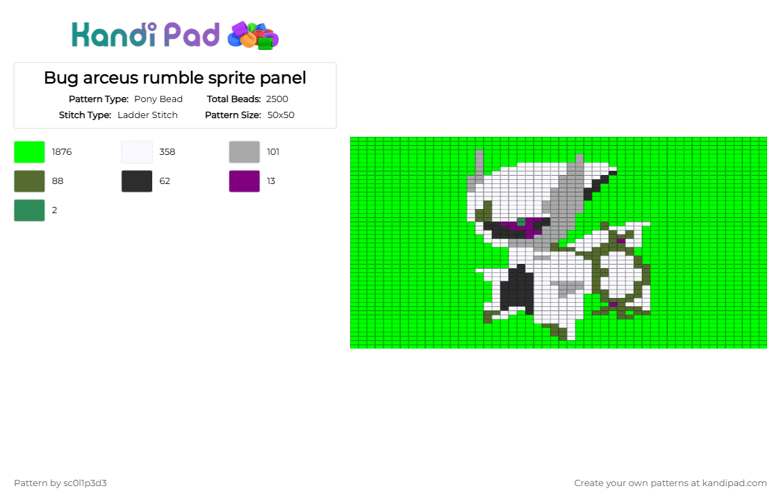 Bug arceus rumble sprite panel - Pony Bead Pattern by l1tmvs_c00k13 on Kandi Pad - green,bug,insect plate,arceus,white,purple,panel,ladder stitch