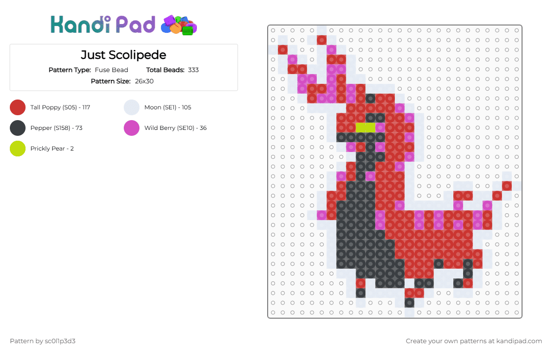 Just Scolipede - Fuse Bead Pattern by l1tmvs_c00k13 on Kandi Pad - red,white border,grey,lilac,perler,scolipede