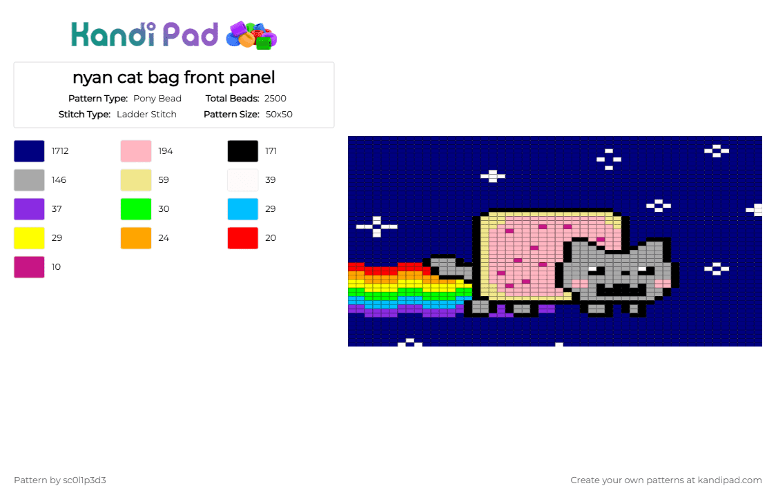 nyan cat bag front panel - Pony Bead Pattern by l1tmvs_c00k13 on Kandi Pad - purple,nyan cat,nyan,cat,bag