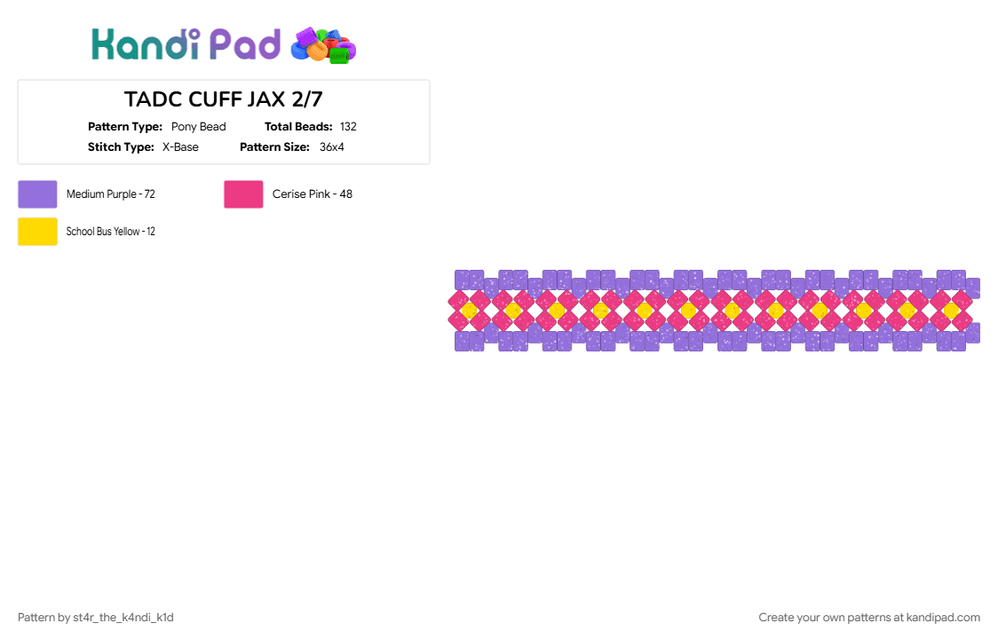TADC CUFF JAX 2/7 - Pony Bead Pattern by angel_the_k4ndi_k1d on Kandi Pad - jax, pink, purple, tadc, the amazing digital circus
