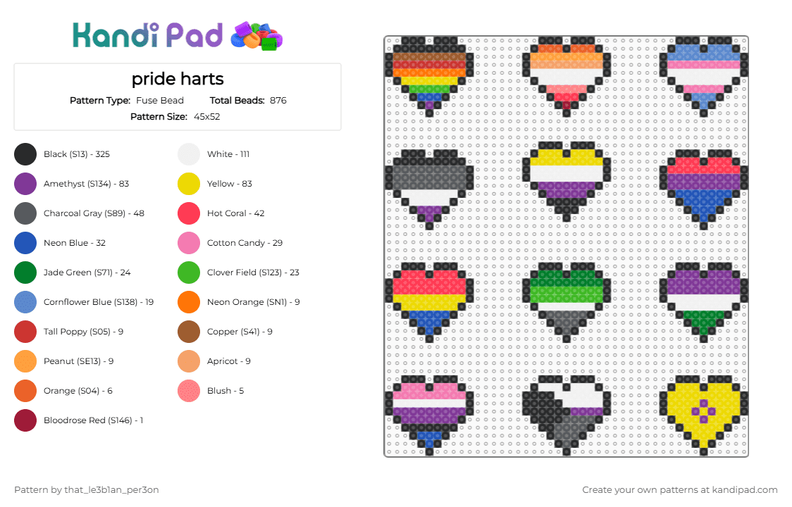pride harts - Fuse Bead Pattern by sybe11a_the_kandi_pers0n on Kandi Pad - pink,blue,yellow,red