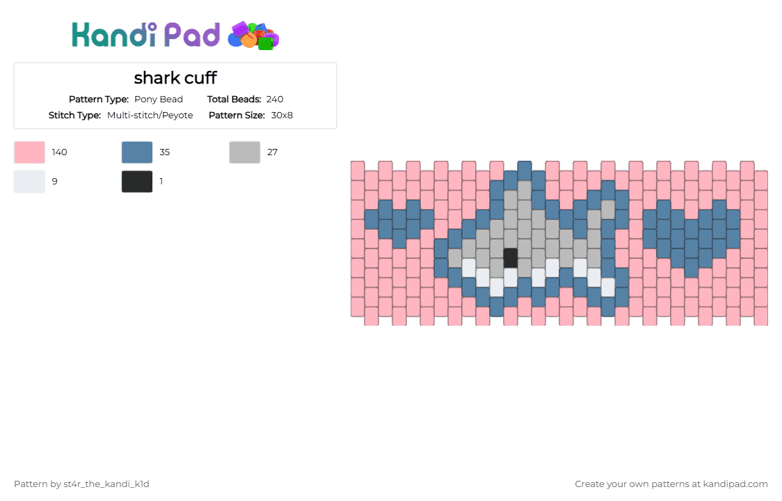 shark cuff - Pony Bead Pattern by st4r_the_kandi_k1d on Kandi Pad - pink,shark,blue