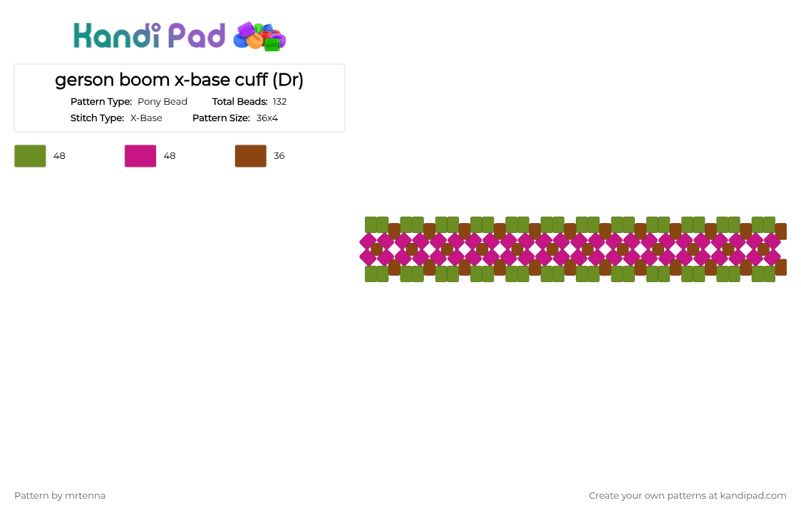 gerson boom x-base cuff (Dr) - Pony Bead Pattern by mrtenna on Kandi Pad - cuff, deltarune, gerson boom, green, pink, spamtenna, spamton, tenna, undertale, x base
