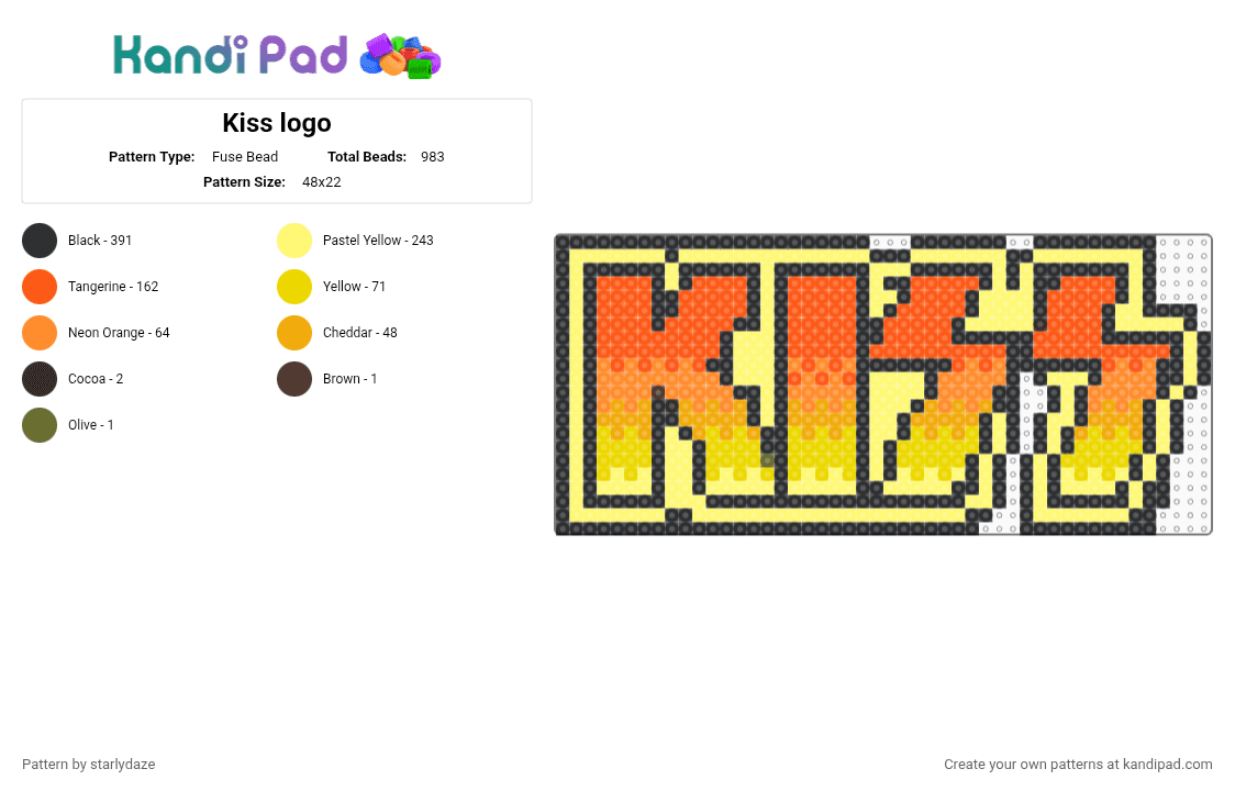 Kiss logo - Fuse Bead Pattern by starlydaze on Kandi Pad - yellow,orange