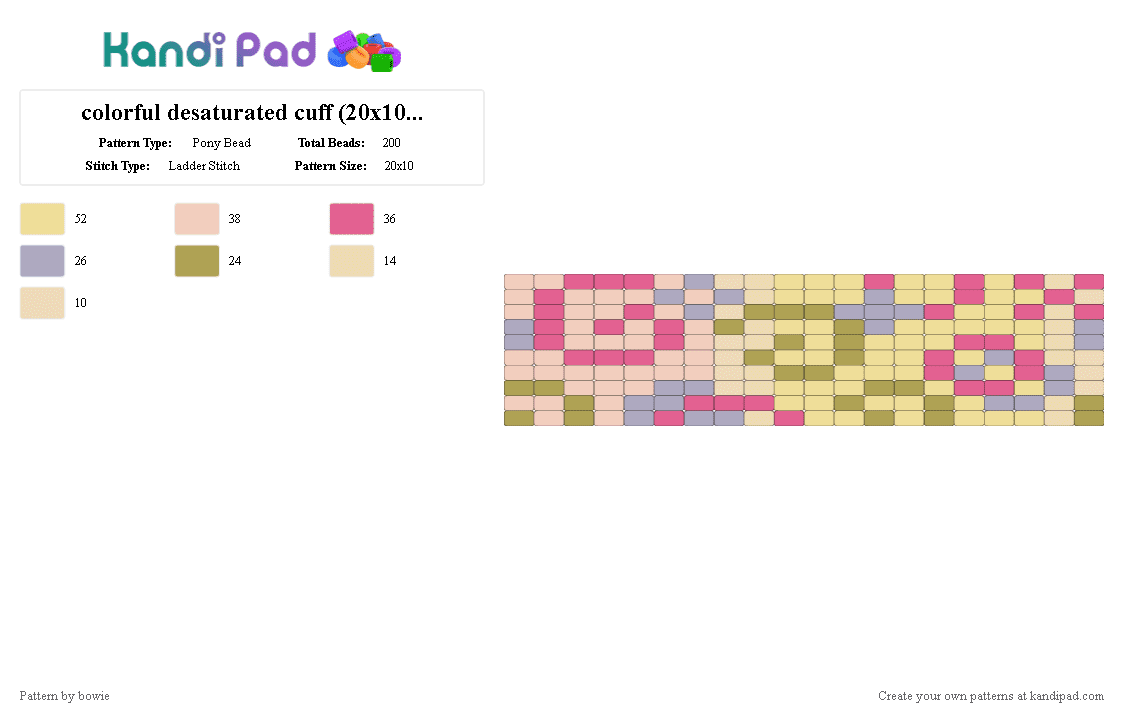 colorful desaturated cuff (20x10) #1 - Pony Bead Pattern by bowie on Kandi Pad - pink,beige,yellow