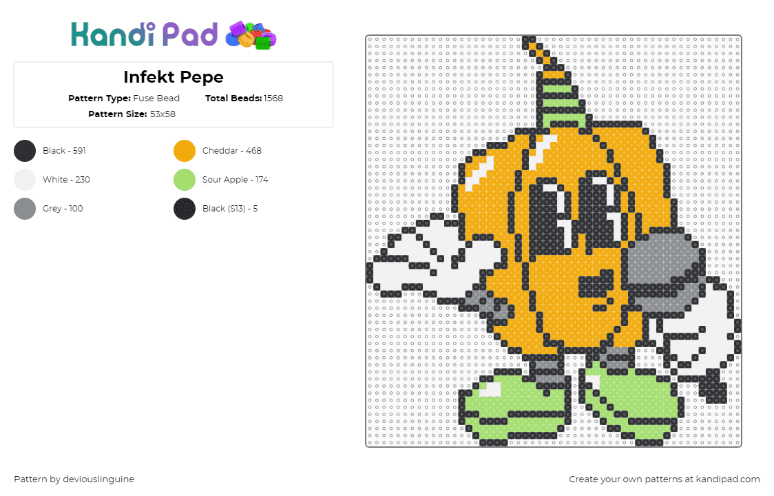 Infekt Pepe - Fuse Bead Pattern by deviouslinguine on Kandi Pad - infekt,veggie friends,pumpkin,microphone,dj,dubstep,music,edm,character,orange,g