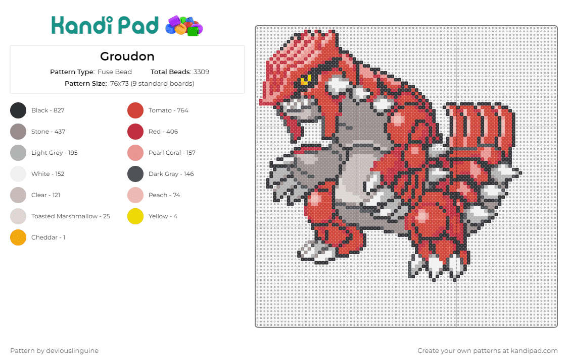 Groudon - Fuse Bead Pattern by deviouslinguine on Kandi Pad - groudon,pokemon,legendary,creature,spikes,contrast,detailed,vivid,grey,red
