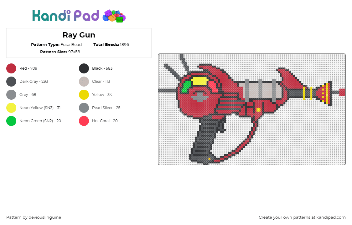 Ray Gun - Fuse Bead Pattern by deviouslinguine on Kandi Pad - ray gun,weapon,alien,space,laser,red