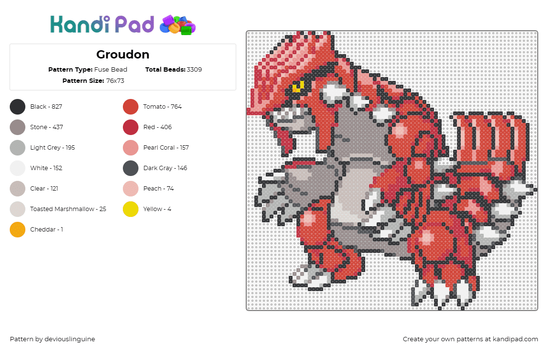 Groudon - Fuse Bead Pattern by deviouslinguine on Kandi Pad - groudon,pokemon,legendary,creature,spikes,contrast,detailed,gray,red