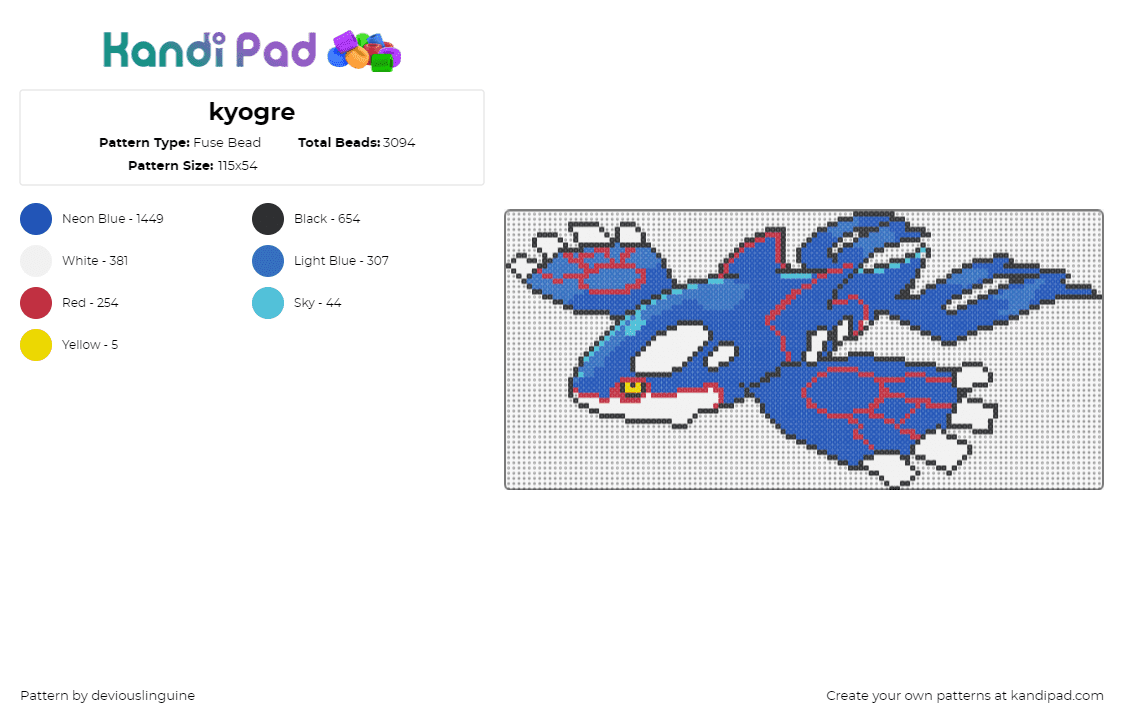 kyogre - Fuse Bead Pattern by deviouslinguine on Kandi Pad - kyogre,pokemon,character,gaming,blue,white