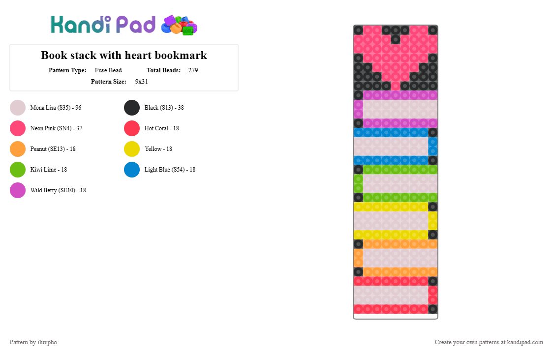 Book stack with heart bookmark - Fuse Bead Pattern by iluvpho on Kandi Pad - white,red