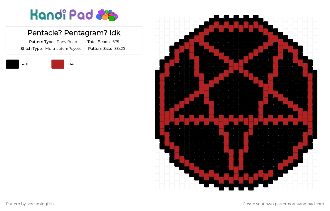 Pentacle? Pentagram? Idk - Pony Bead Pattern by screamingfish on Kandi Pad - black, red
