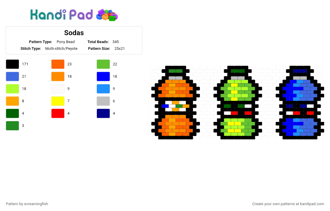 Sodas - Pony Bead Pattern by screamingfish on Kandi Pad - black,orange,green,blue,colorful