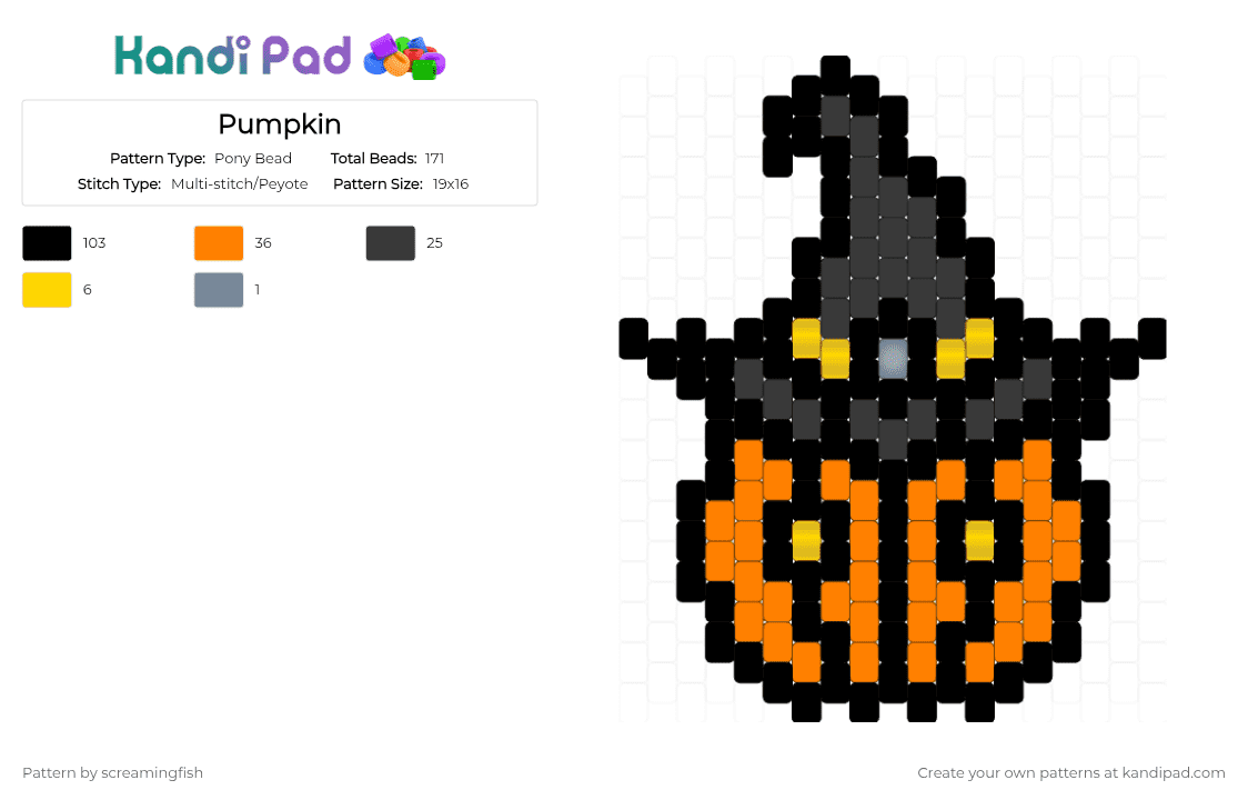 Pumpkin - Pony Bead Pattern by screamingfish on Kandi Pad - black,orange