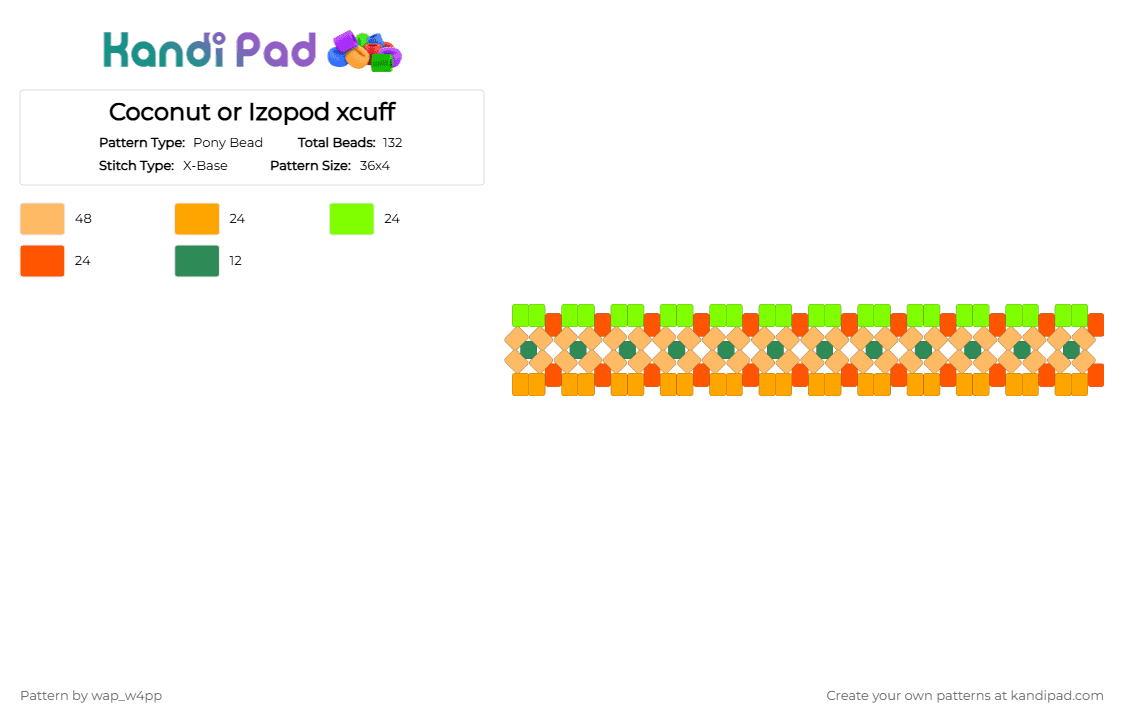 Coconut or Izopod xcuff - Pony Bead Pattern by wap_w4pp on Kandi Pad - orange,green
