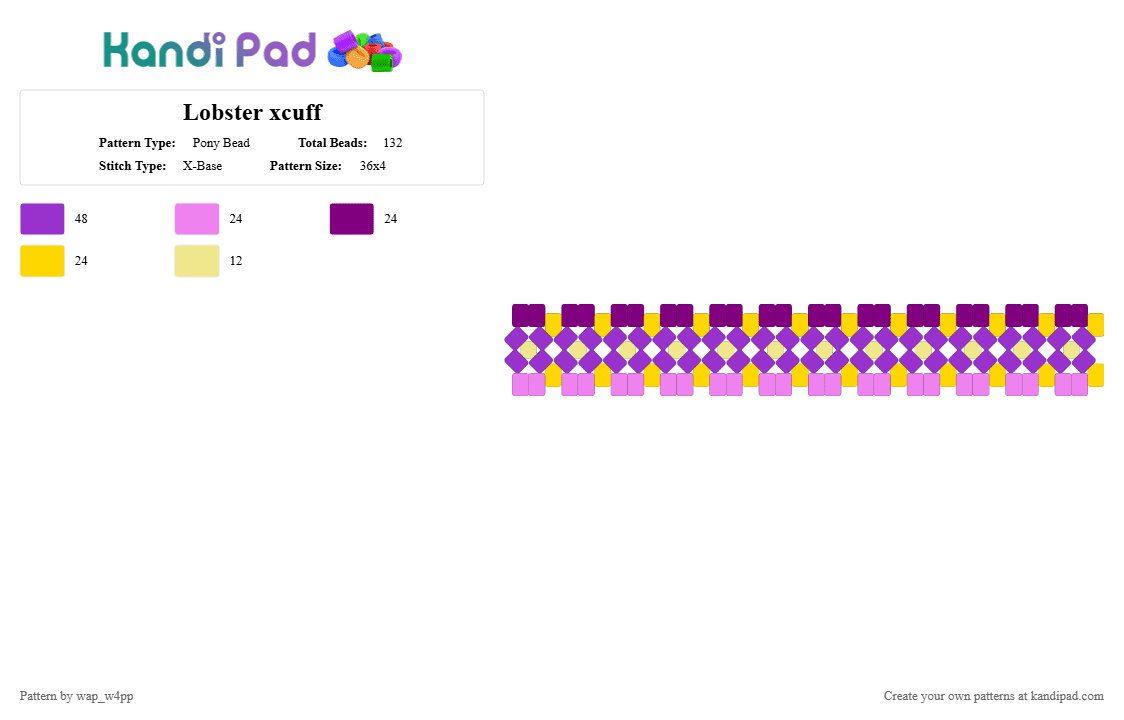 Lobster xcuff - Pony Bead Pattern by wap_w4pp on Kandi Pad - pink,purple,sirenz
