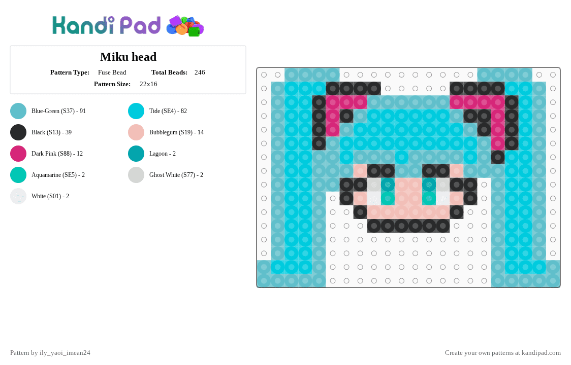Miku head fuse bead - Fuse Bead Pattern by ily_yaoi_imean24 on Kandi Pad - teal,light blue