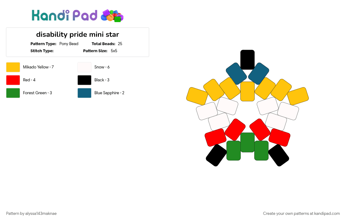 disability pride mini star - Pony Bead Pattern by alyssa143maknae on Kandi Pad - red, yellow