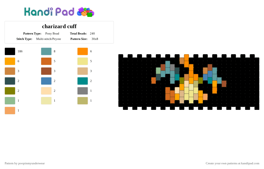 charizard cuff - Pony Bead Pattern by poopinmyunderwear on Kandi Pad - black,orange,teal,yellow,colorful
