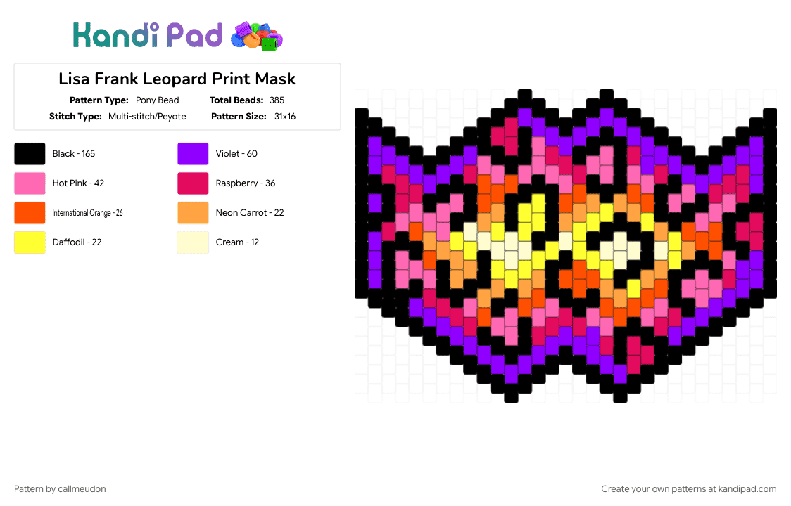 Lisa Frank Leopard Print Mask - Pony Bead Pattern by callmeudon on Kandi Pad - orange, pink, purple
