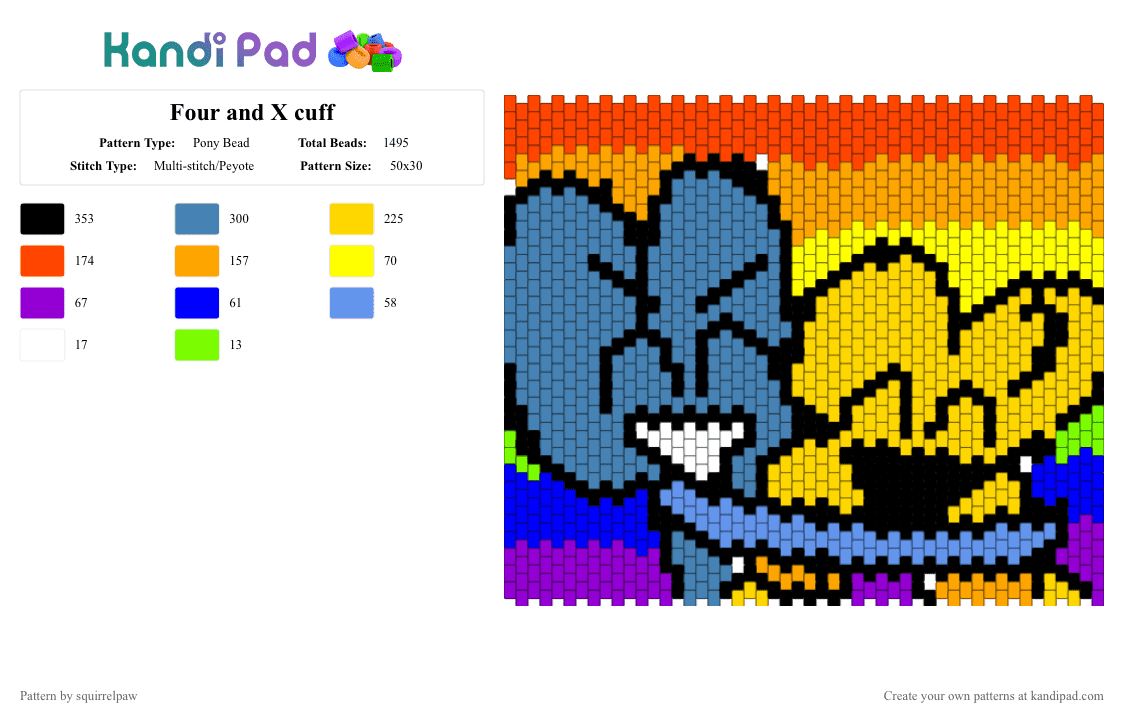 Four and X cuff - Pony Bead Pattern by squirrelpaw on Kandi Pad - blue, orange, red, yellow