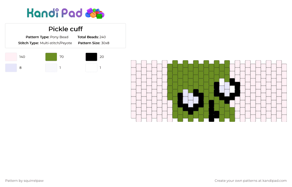 Pickle cuff - Pony Bead Pattern by squirrelpaw on Kandi Pad - white,green