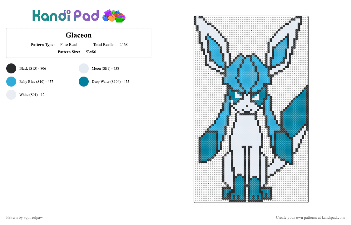 Glaceon - Fuse Bead Pattern by squirrelpaw on Kandi Pad - light blue, teal