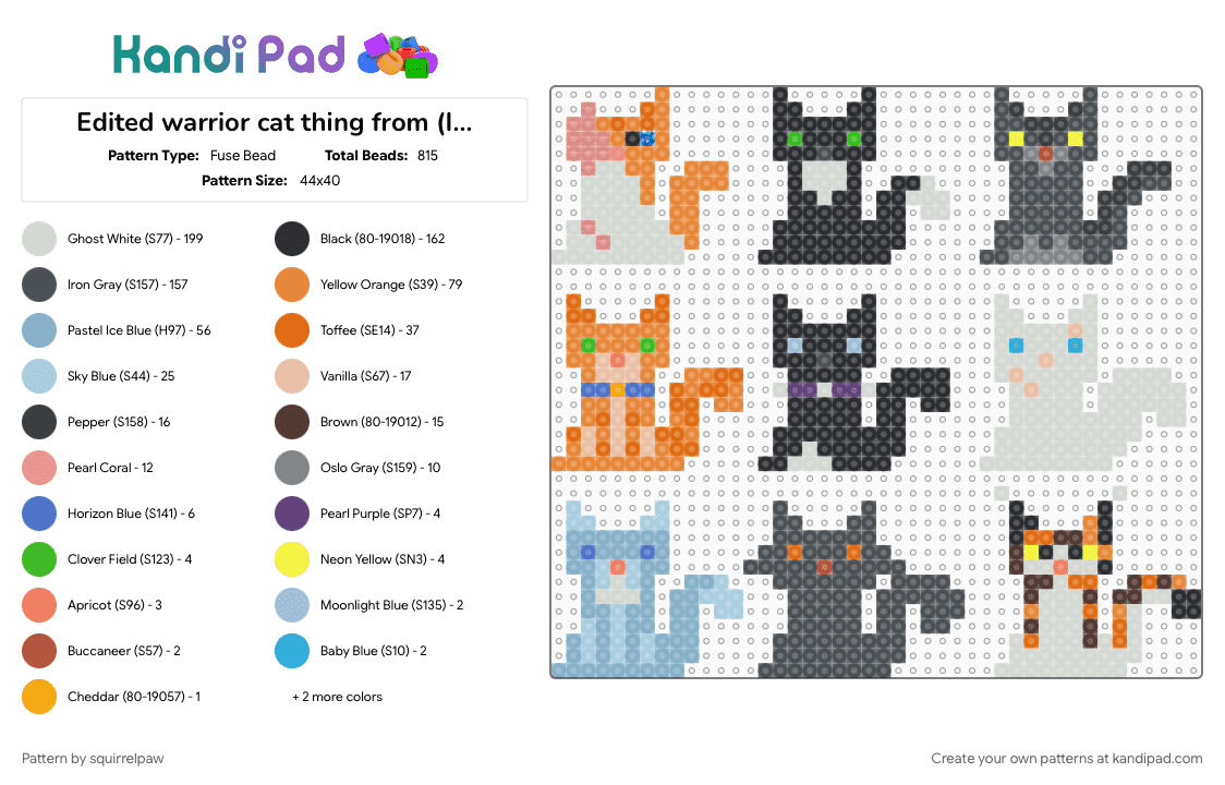 Edited warrior cat thing from (I forget their name plz tell me 😑 (sorry)) - Fuse Bead Pattern by squirrelpaw on Kandi Pad - light blue, orange, purple