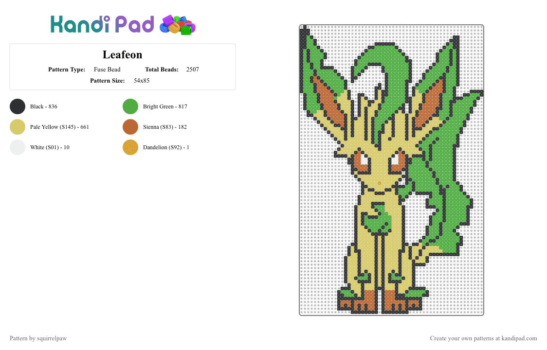 Leafeon - Fuse Bead Pattern by squirrelpaw on Kandi Pad - green,yellow