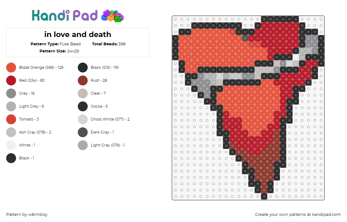 in love and death - Fuse Bead Pattern by w8rmboy on Kandi Pad - heart,love,death,symbolic,intense,emotional,passionate,mortality,red