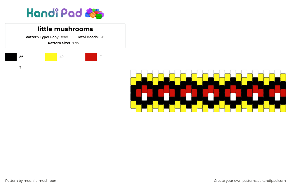 little mushrooms  - Pony Bead Pattern by moonlit_mushroom on Kandi Pad - mushrooms,repeating,cuff,red,yellow,black