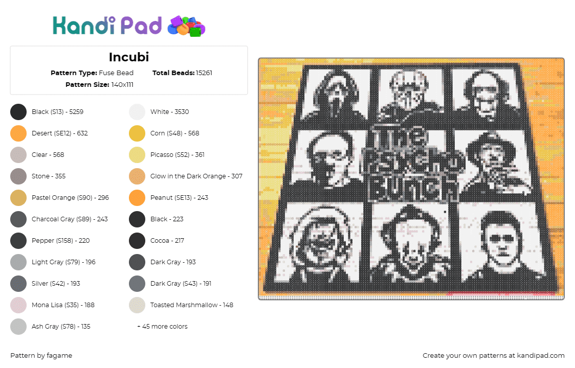 Incubi - Fuse Bead Pattern by fagame on Kandi Pad - psycho,horror,brady bunch,characters,scream,jigsaw,chuckie,pennywise,black,white