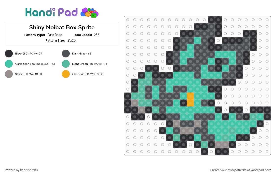Shiny Noibat Box Sprite - Fuse Bead Pattern by kebriishraku on Kandi Pad - bat, gray, noibat, pokemon, shiny, teal