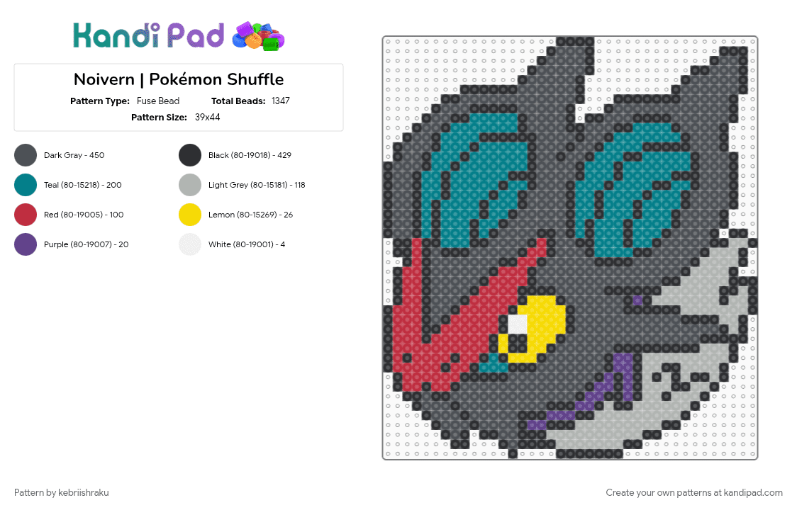 Noivern | Pokémon Shuffle - Fuse Bead Pattern by kebriishraku on Kandi Pad - bat, gray, nintendo, noivern, pokemon, pokemon shuffle, teal