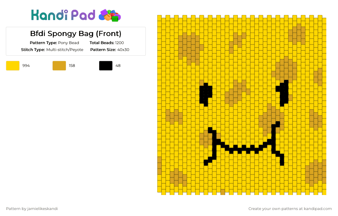 Bfdi Spongy Bag (Front) - Pony Bead Pattern by jamielikeskandi on Kandi Pad - yellow,spongy,bfdi,bfdi spongy,kandi spongy,bfdi kandi spongy,battle for dream island,bfdi kandi
