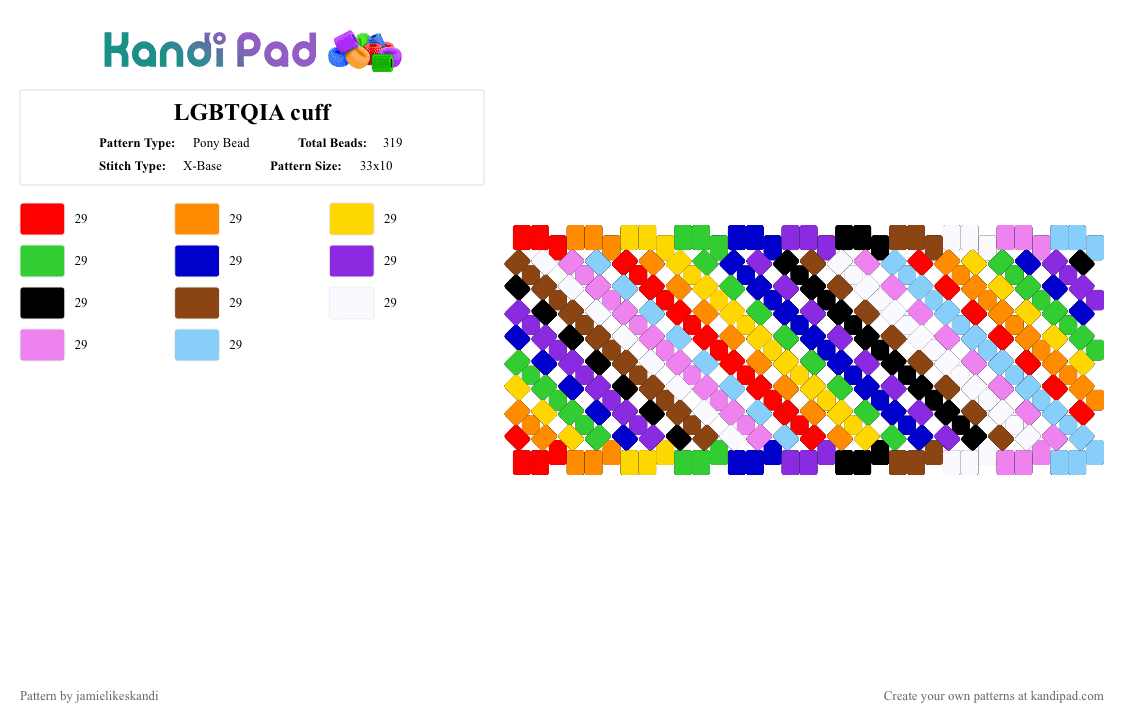 LGBTQIA cuff - Pony Bead Pattern by jamielikeskandi on Kandi Pad - red,purple,lgbtq,lgbtqia,cuff,lgbtq cuff,lgbtqia cuff,x base,lgbtq x base,lgbtqia x base