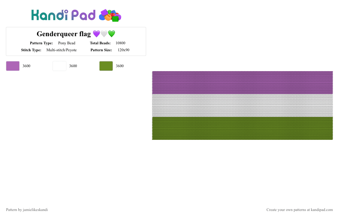 Genderqueer flag 💜🤍💚 - Pony Bead Pattern by jamielikeskandi on Kandi Pad - pink,green,genderqueer,pride,plag,genderqueer pride,genderqueer flag,genderqueer pride flag,pride flag