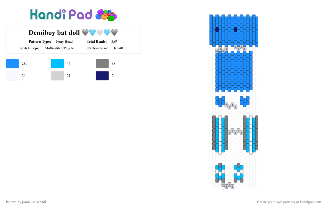 Demiboy bat doll 🩶🩵🤍🩵🩶 - Pony Bead Pattern by jamielikeskandi on Kandi Pad - light blue,demiboy,bat,doll,demiboy bat doll,bat doll,demiboy doll,demiboy bat
