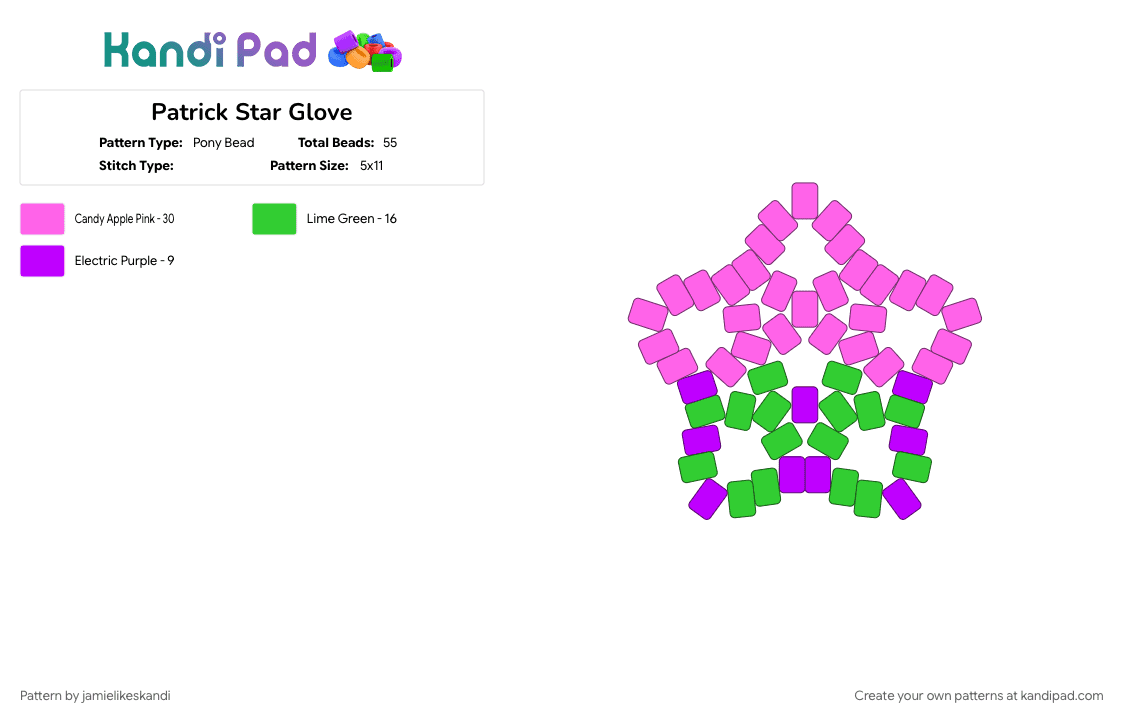 Patrick Star Glove - Pony Bead Pattern by jamielikeskandi on Kandi Pad - glove, patrick star, pink, spongebob, star, star glove