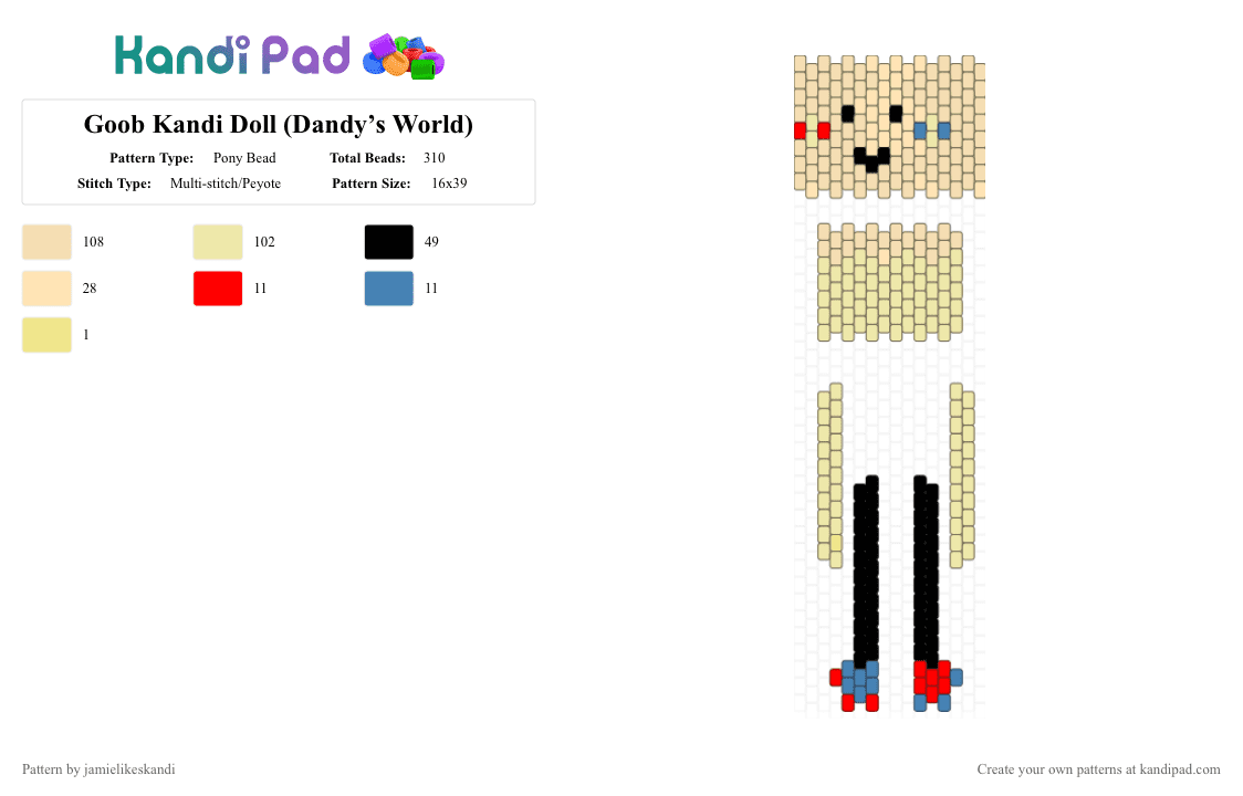 Goob Kandi Doll (Dandy’s World) - Pony Bead Pattern by jamielikeskandi on Kandi Pad - beige, dandys world, dandys world goob kandi doll, dandys world kandi, dandys world kandi doll, goob, goob dandys world, goob kandi, goob kandi doll, yellow