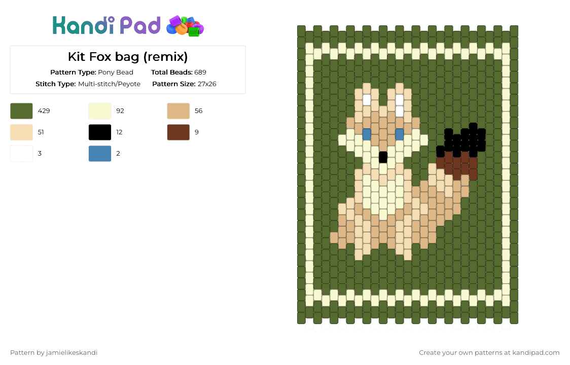 Kit Fox bag (remix) - Pony Bead Pattern by jamielikeskandi on Kandi Pad - bag, fennec fox, fennec fox bag, fox, fox bag, gold, kit fox, kit fox bag