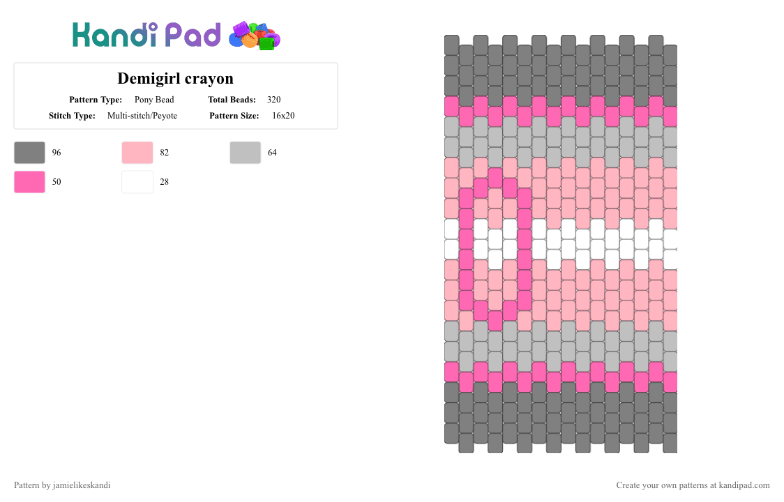 Demigirl crayon - Pony Bead Pattern by jamielikeskandi on Kandi Pad - gray,pink,demigirl,crayon,demigirl crayon,demigirl kandi,crayon kandi,demigirl crayon kandi