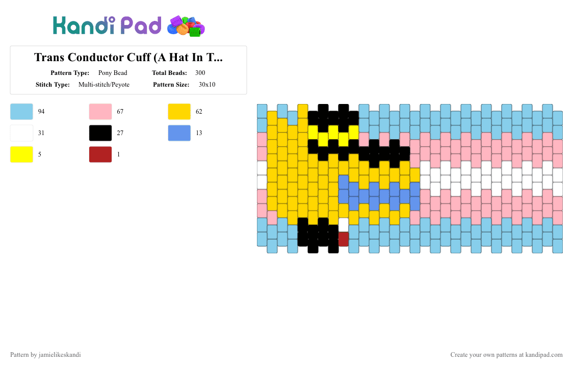 Trans Conductor Cuff (A Hat In Time) - Pony Bead Pattern by jamielikeskandi on Kandi Pad - light blue,yellow,pink,trans,ahit,a hat in time,conductor,ahit conductor,trans conductor,ahit conductor trans,trans cuff